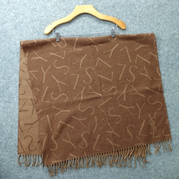 Vintage YVES SAINT LAURENT Wool Scarf Brown YSL Logo Shawl Wrap Fringe 70x140 cm - Picture 2 of 12